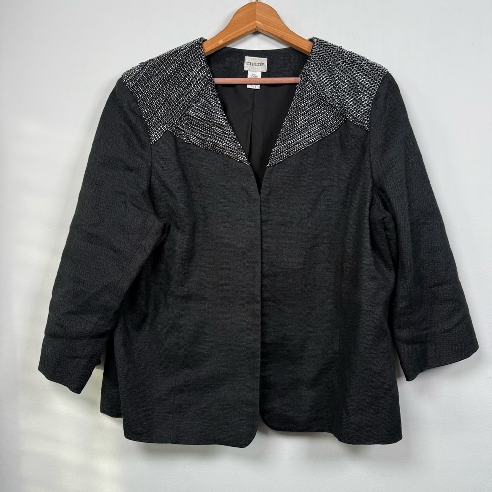 Chico’s Linen Black Open Front Blazer Metal Shoulder Detail Size 3  (XL)Jacket